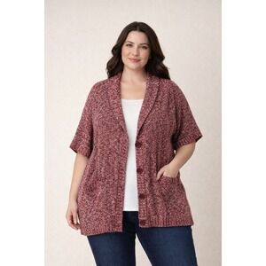 Catherines Cardigan Sweater Womens 0X 14/16W Burgundy Marled Shawl Collar Pocket